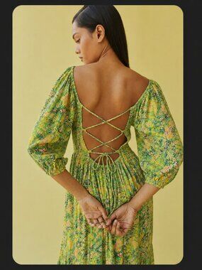 UO Lottie Floral Tie-Back Midi Dress | Green Floral | Size M | Like New
